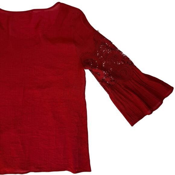 Rust Red Emroidered Womens Boho Blouse Small Gauze Lace Bell Sleeve Fairy Grunge - Picture 11 of 16